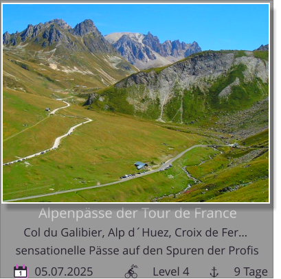 Alpenpässe der Tour de France  Col du Galibier, Alp d´Huez, Croix de Fer…         05.07.2025                    Level 4               9 Tage sensationelle Pässe auf den Spuren der Profis 1